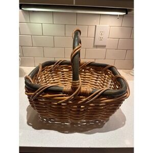 Vintage Woven Wicker Picnic Basket Two-Tone Green Handle Rectangular Farmhouse